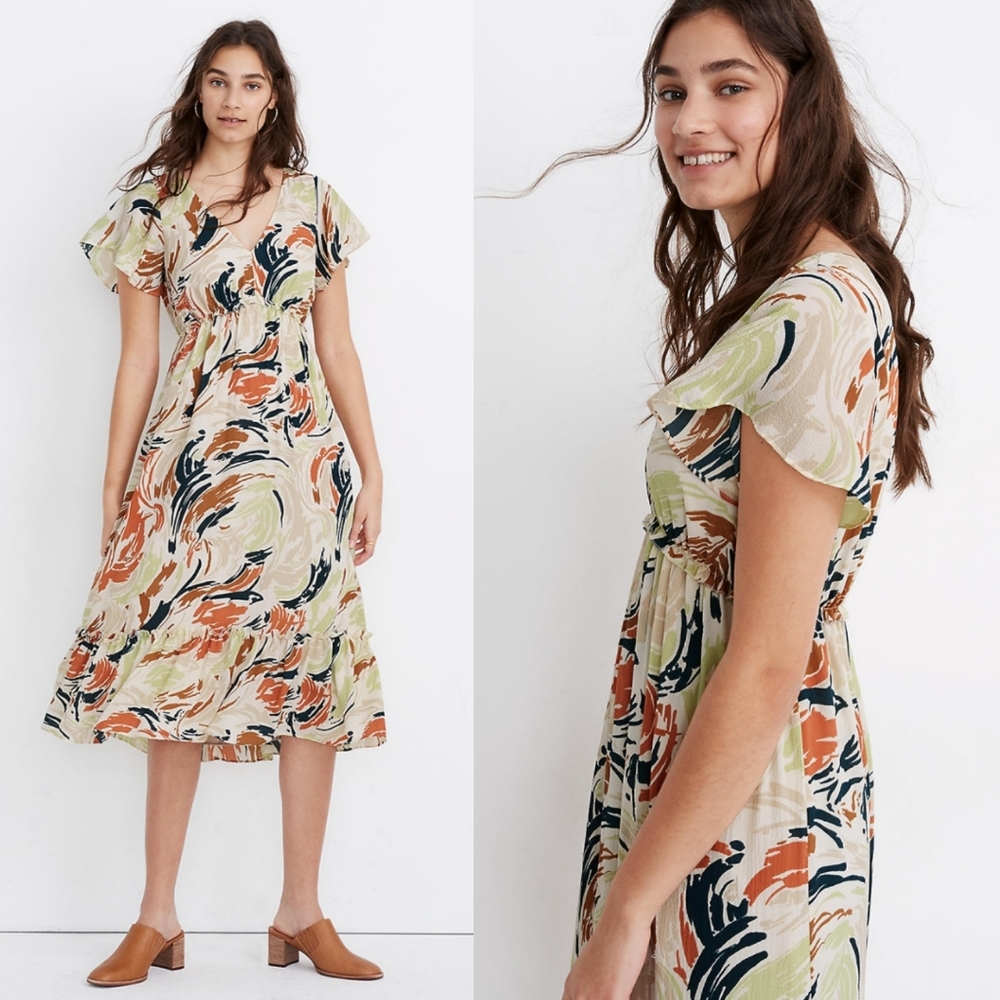 Madewell |  Flutter Sleeve Ruffle Midi Dress